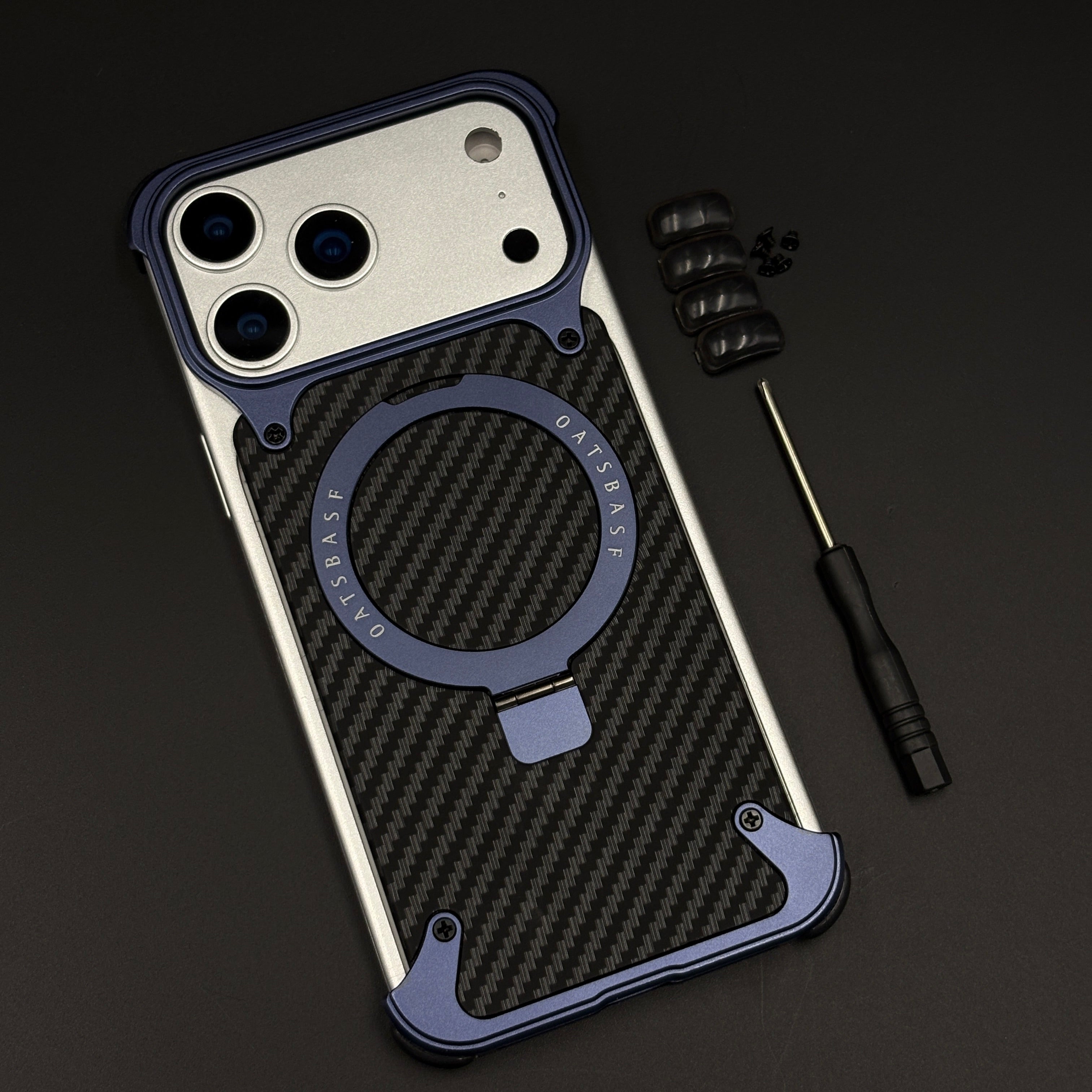 Frameless Carbon Fiber MagSafe Case for iPhone 17 Series | Rotating Kickstand Bumper with Corners