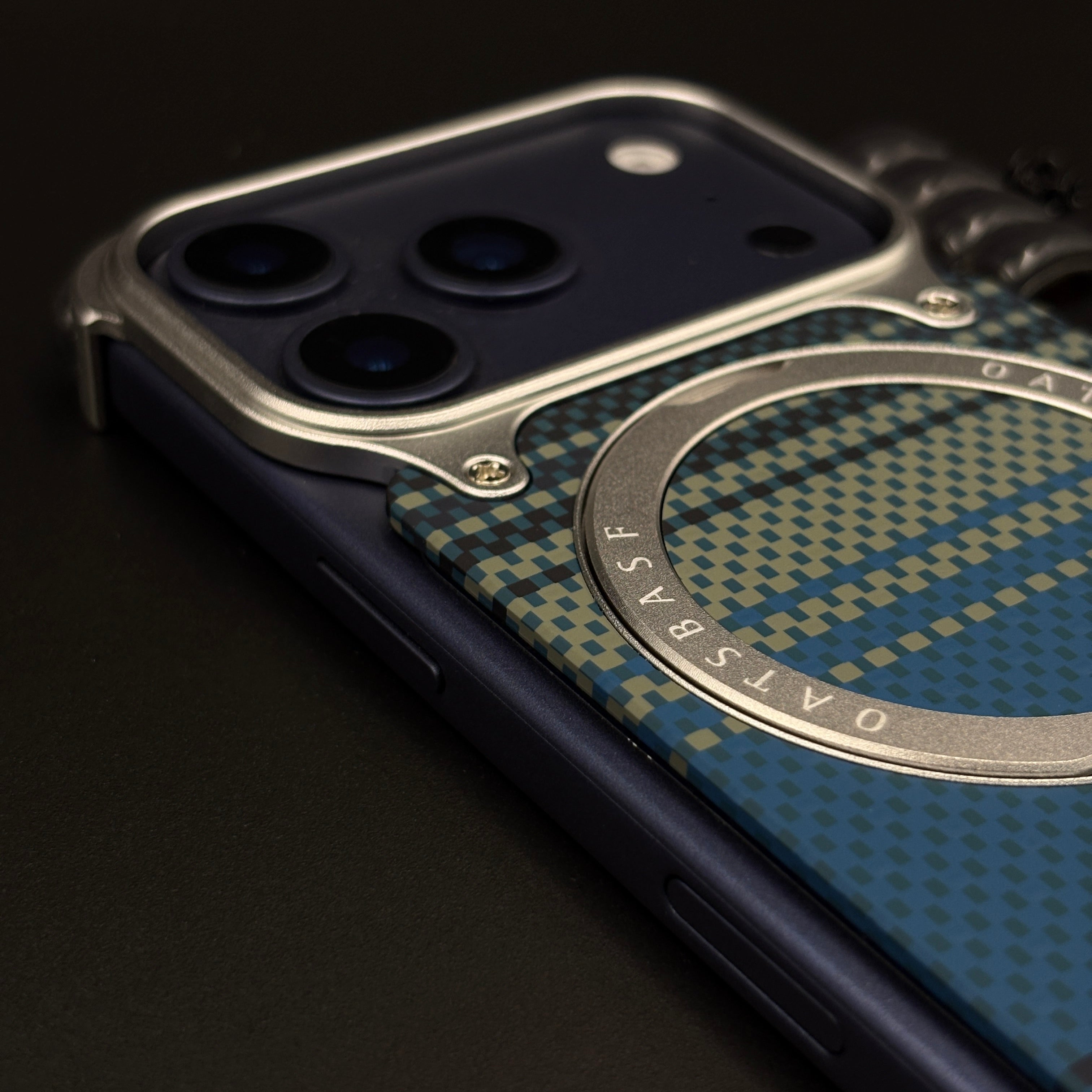 Teal Plaid Frameless Carbon Fiber MagSafe Case for iPhone 17 Series | Rotating Kickstand Bumper with Corners