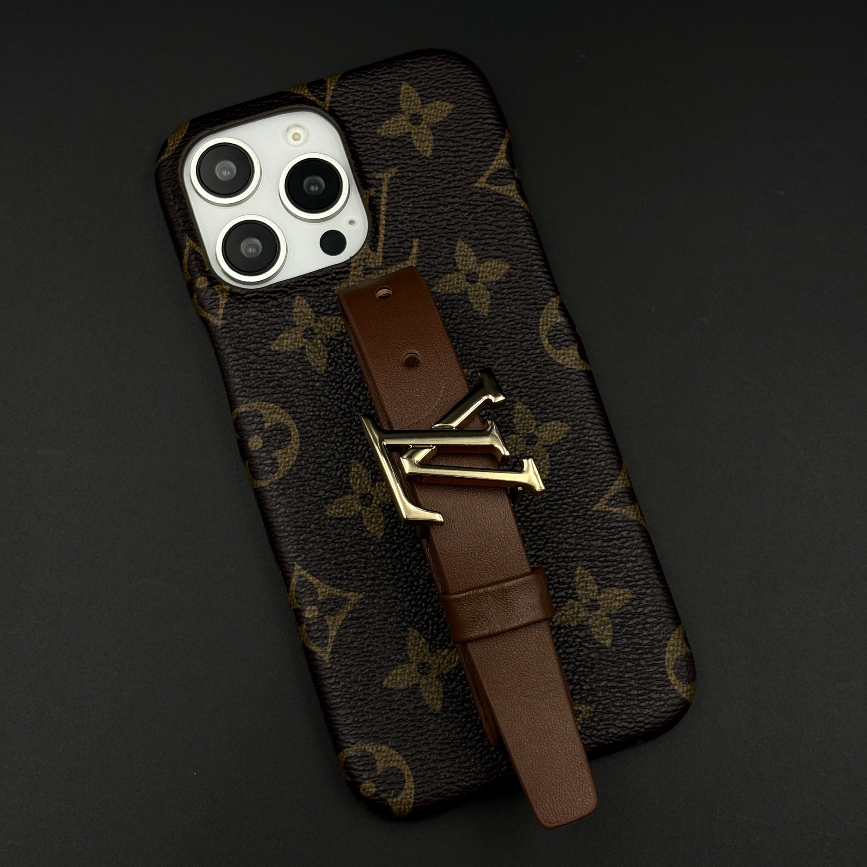 Designer Brand Pattern Leather Belt Strap Case for iPhone | Premium Monogram | Fashion Buckle Holder