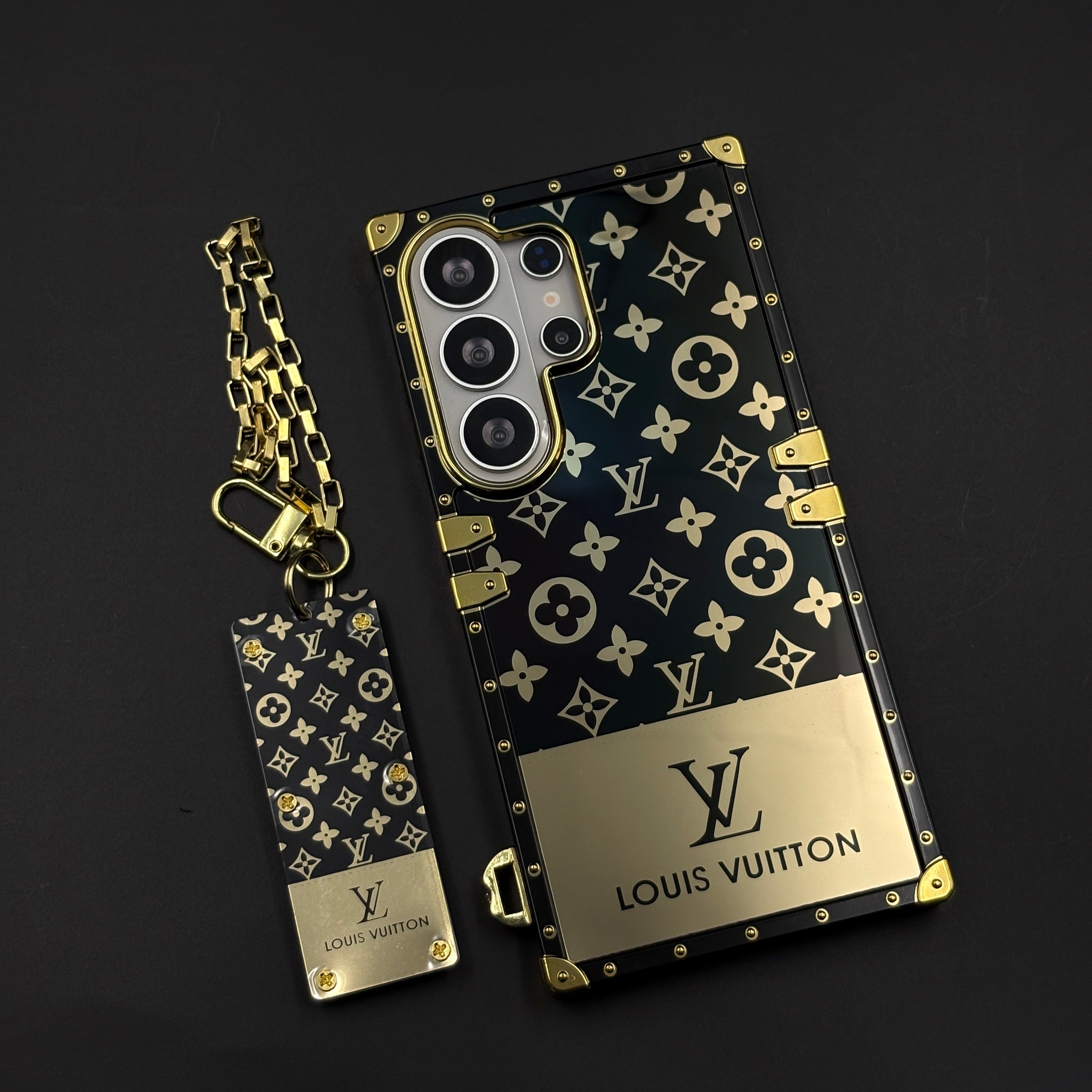 Black Gold Monogram Square Trunk Mobile Case Cover with Chain Strap for Samsung Galaxy S26 Ultra
