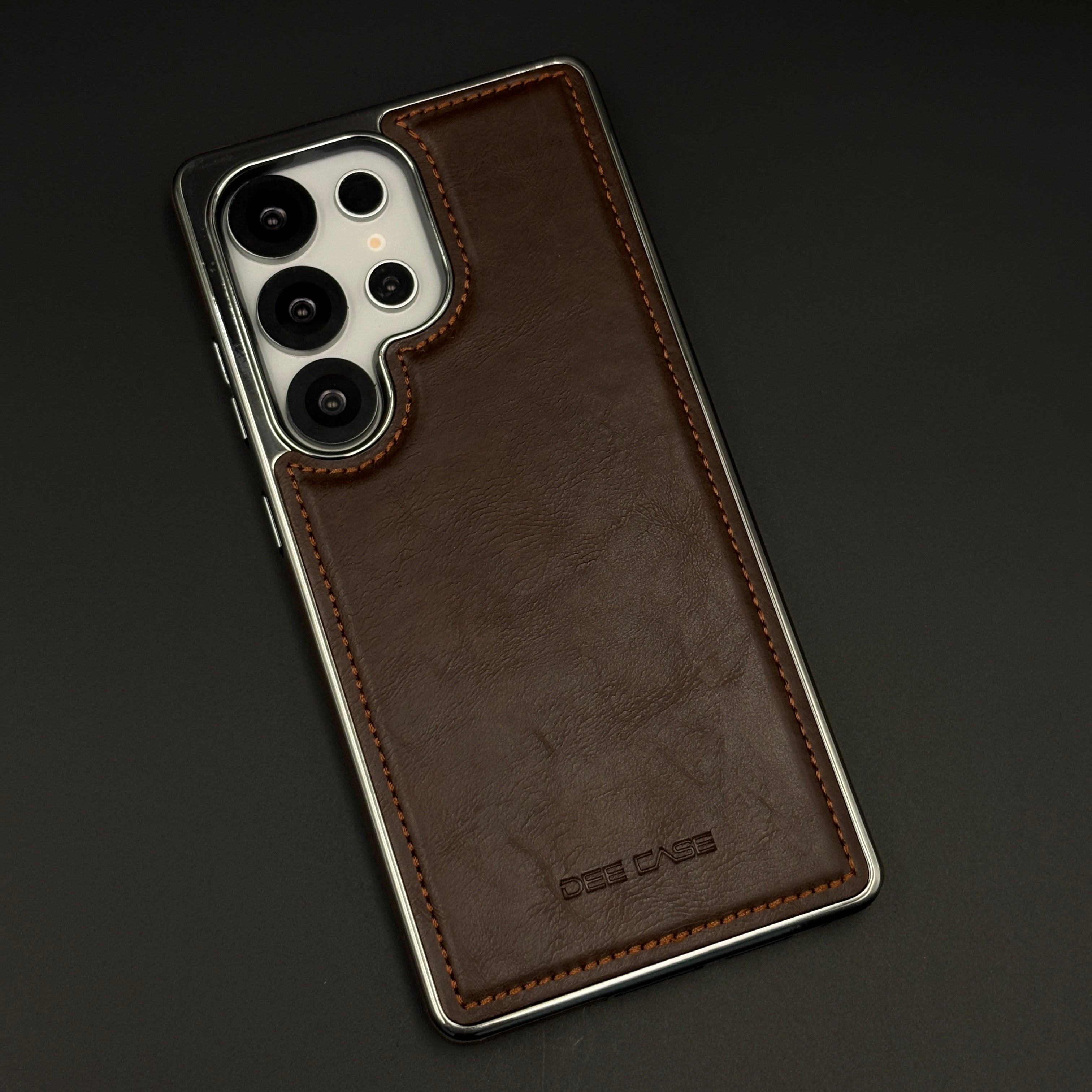 Leather Texture Stitched Chrome Border Mobile Case Cover for Samsung Galaxy S24 Ultra