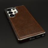 Leather Texture Stitched Chrome Border Mobile Case Cover for Samsung Galaxy S25 Ultra