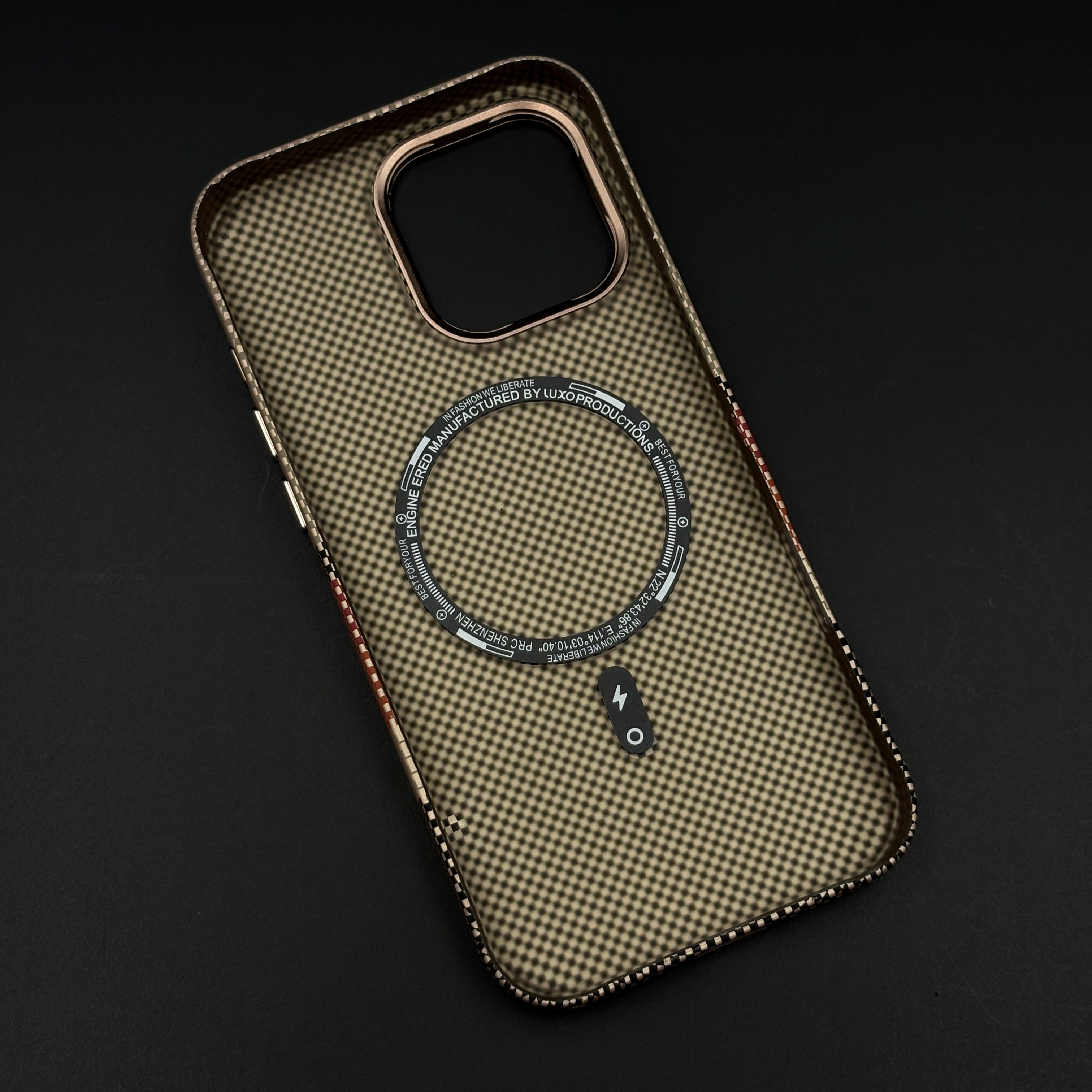 iPhone Aramid Multi-Stripe Case with Camera Kickstand | Carbon Fibre Feel | Hidden MagSafe | Beige Stripe Design