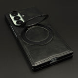 Leather Texture Stitched MagSafe Metal Rotating Stand Mobile Case Cover for Samsung Galaxy Z Fold 5