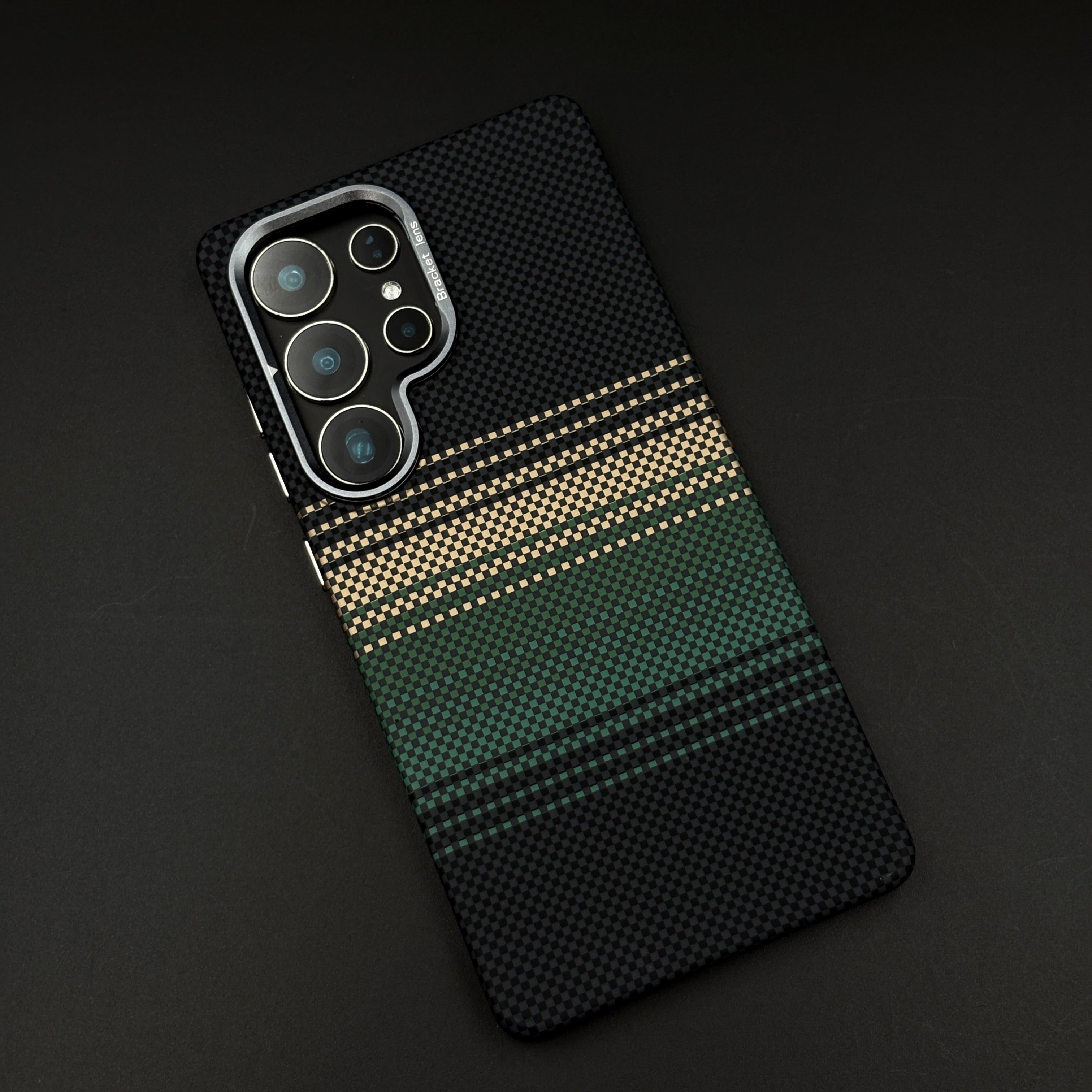 Green Stripe Aramid Case with Hidden MagSafe for Samsung Galaxy S23 Ultra | Camera Kickstand | Carbon Fiber Texture