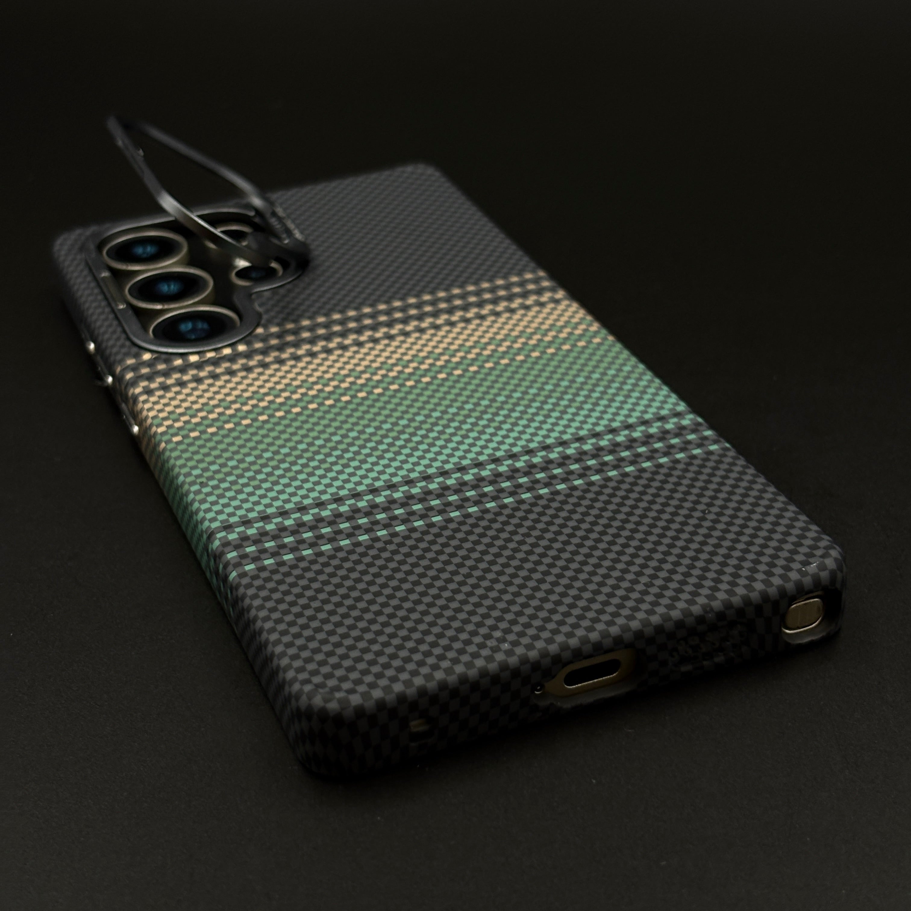 Green Stripe Aramid Case with Hidden MagSafe for Samsung Galaxy S23 Ultra | Camera Kickstand | Carbon Fiber Texture