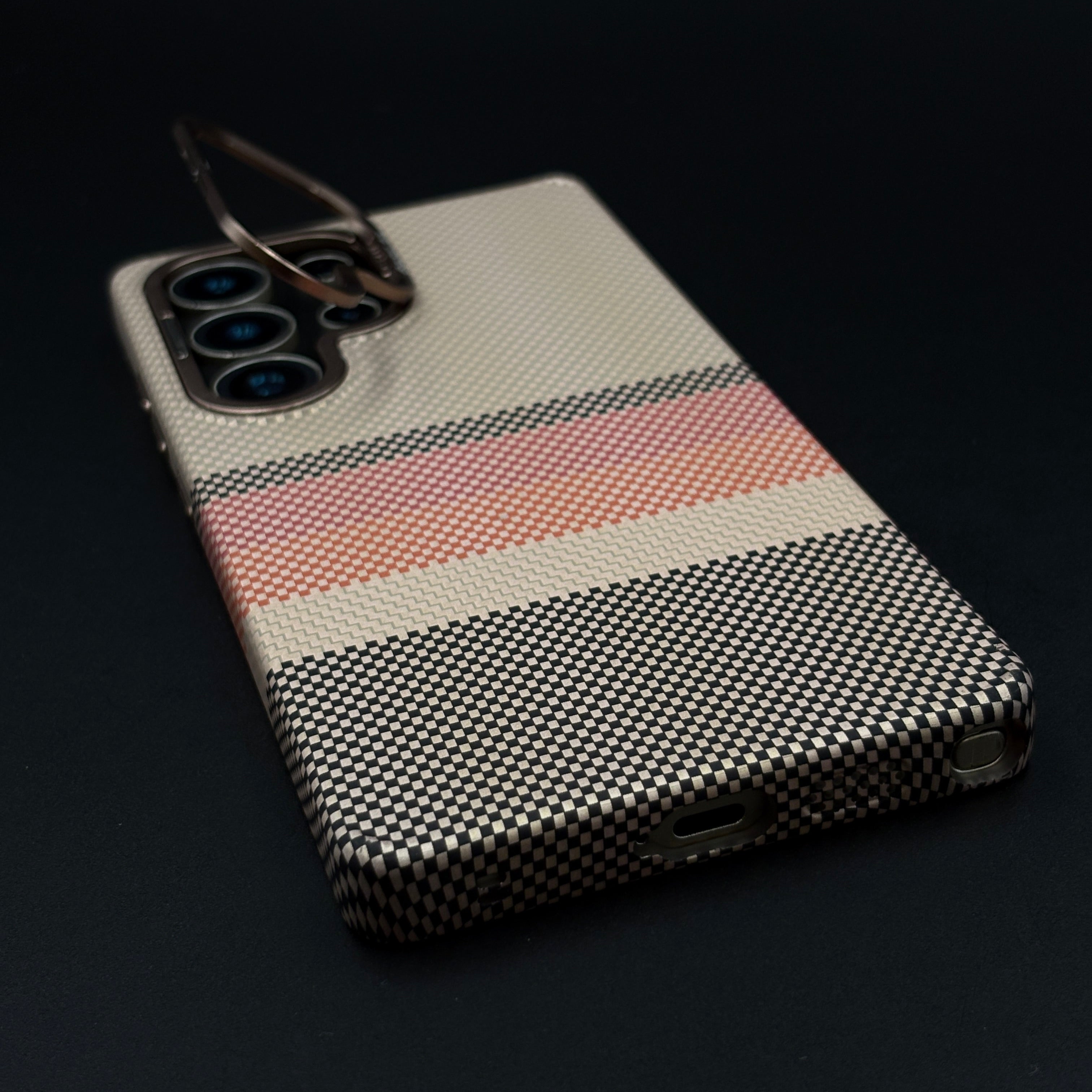 Beige Multi-Stripe Aramid Case with Hidden MagSafe for Samsung Galaxy S23 Ultra | Camera Kickstand | Carbon Fibre Feel