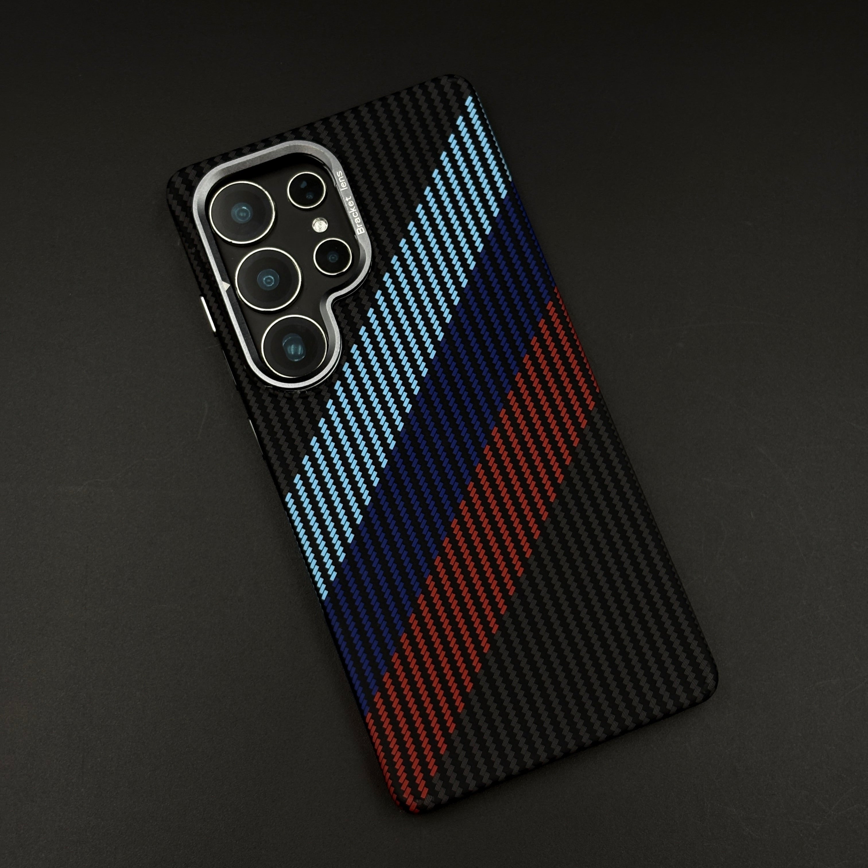 M 3 Stripe Aramid Case with Hidden MagSafe for Samsung Galaxy S23 Ultra | Camera Kickstand | Carbon Fibre Racing Feel