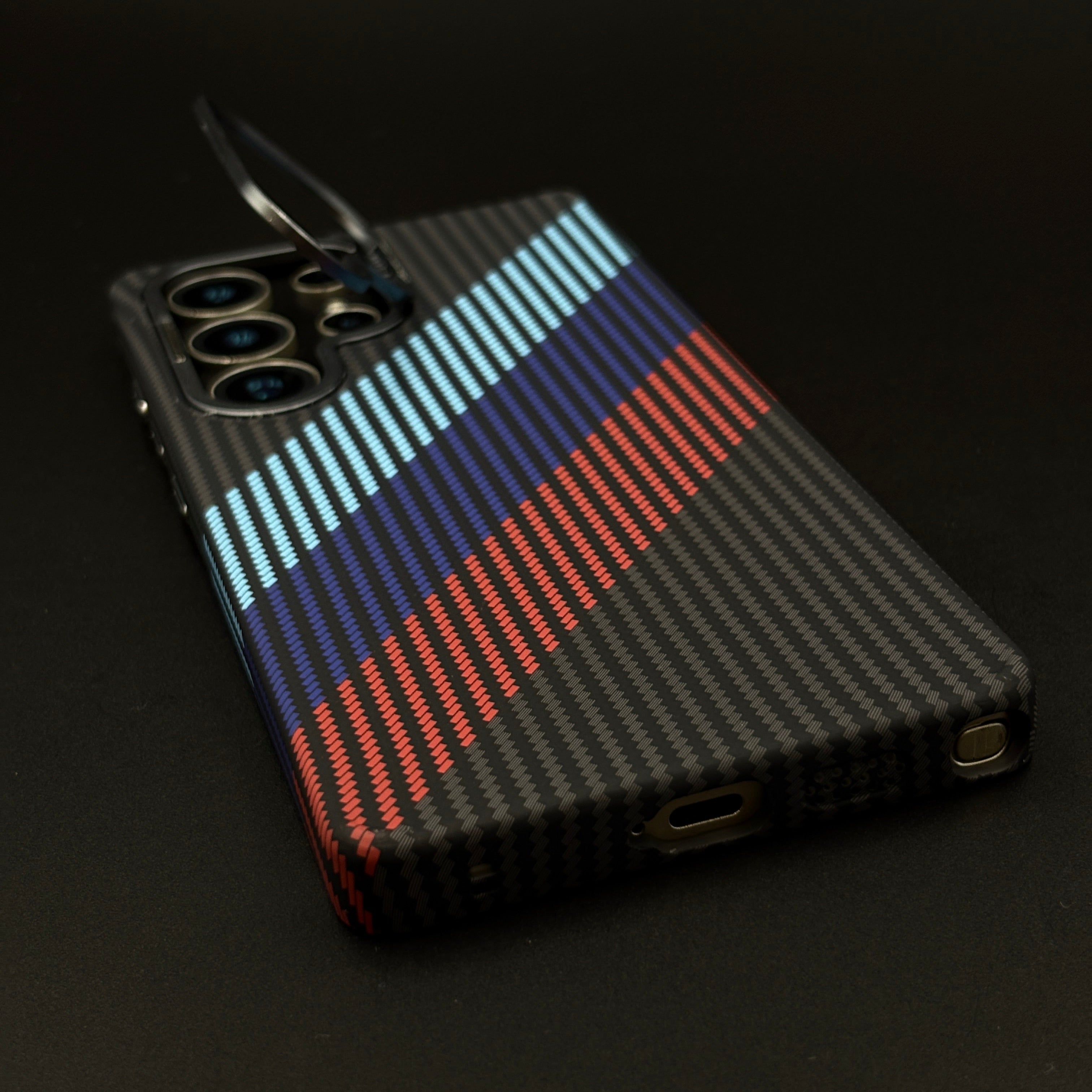 M 3 Stripe Aramid Case with Hidden MagSafe for Samsung Galaxy S23 Ultra | Camera Kickstand | Carbon Fibre Racing Feel