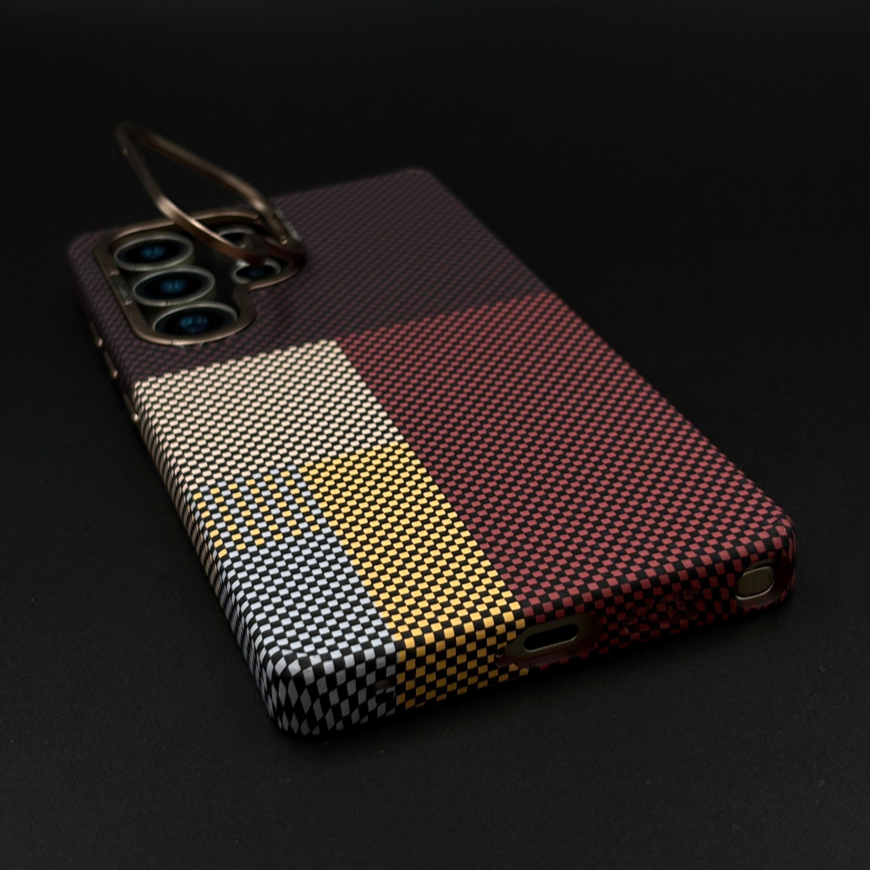 Maroon Block Aramid Case with Hidden MagSafe for Samsung Galaxy S23 Ultra | Camera Kickstand | Carbon Fibre Feel