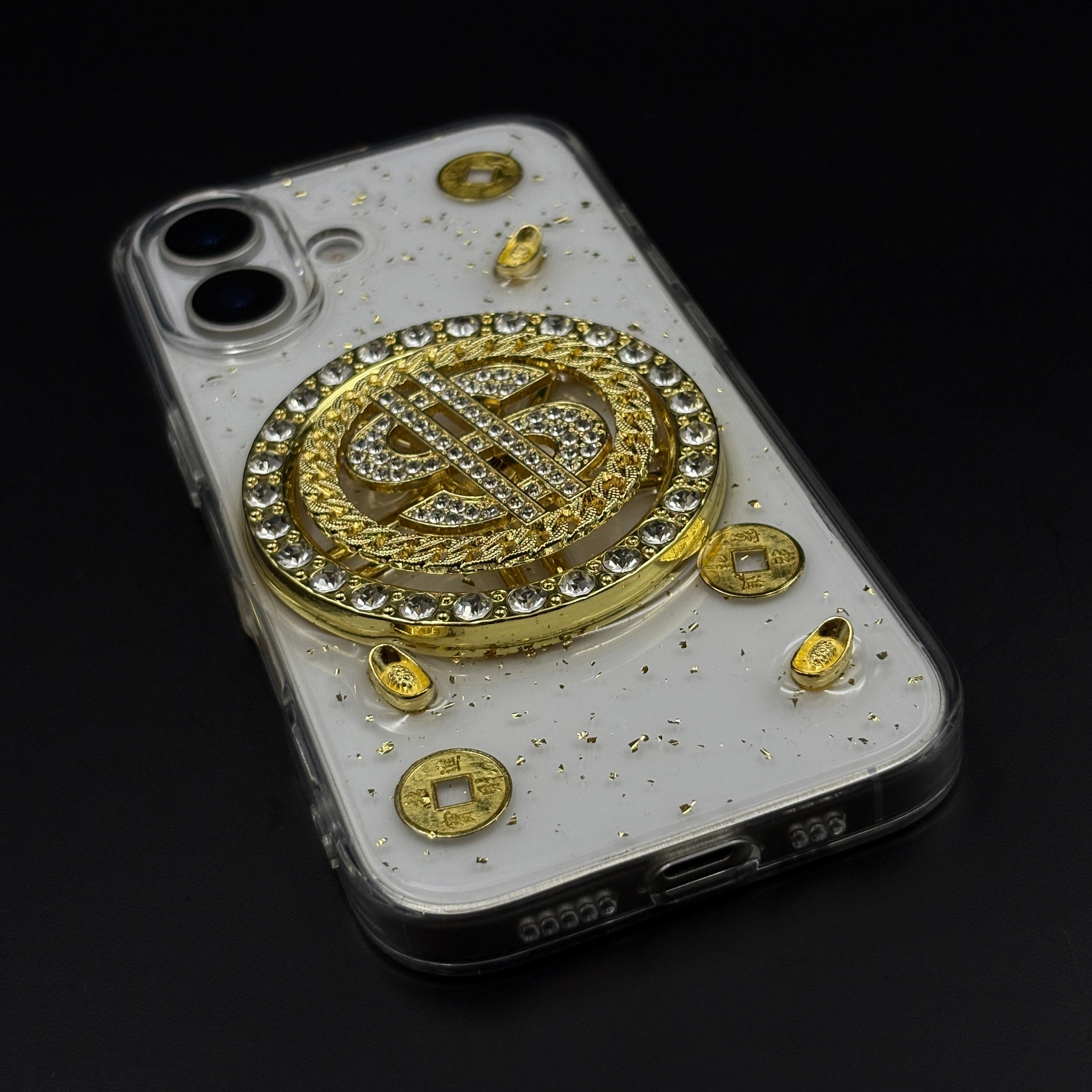 Luxury Rotating Dollar Case for iPhone 17 | Gold Bling Coin Design with Beaded Wrist Strap