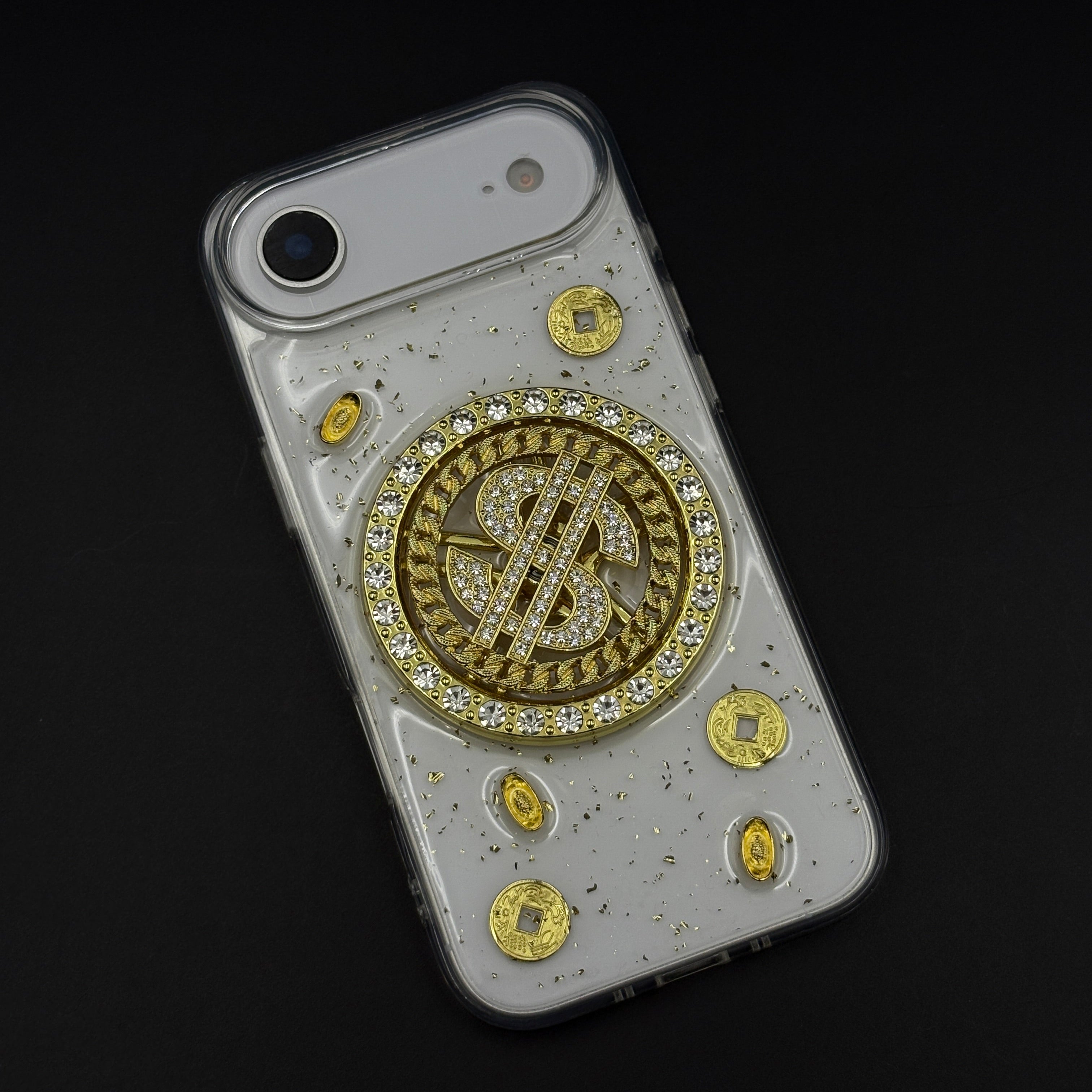Luxury Rotating Dollar Case for iPhone 17 Air | Gold Bling Coin Design with Beaded Wrist Strap