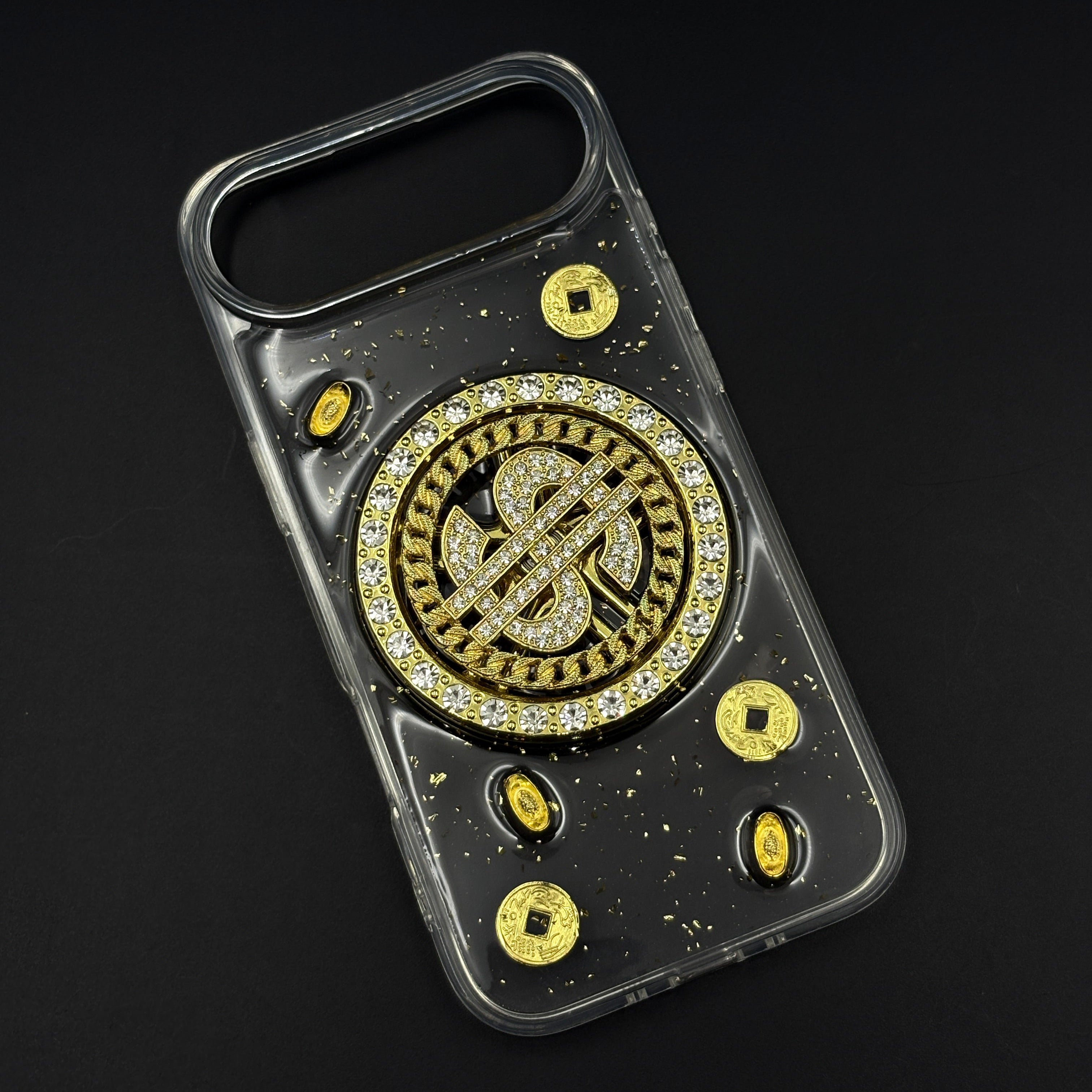 Luxury Rotating Dollar Case for iPhone 17 Air | Gold Bling Coin Design with Beaded Wrist Strap