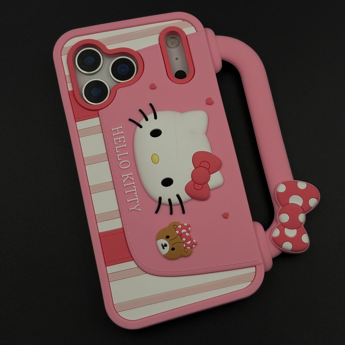 3D Kitty Cat Silicone Handle Case for iPhone 17 Series with Side Grip & Bow Detail