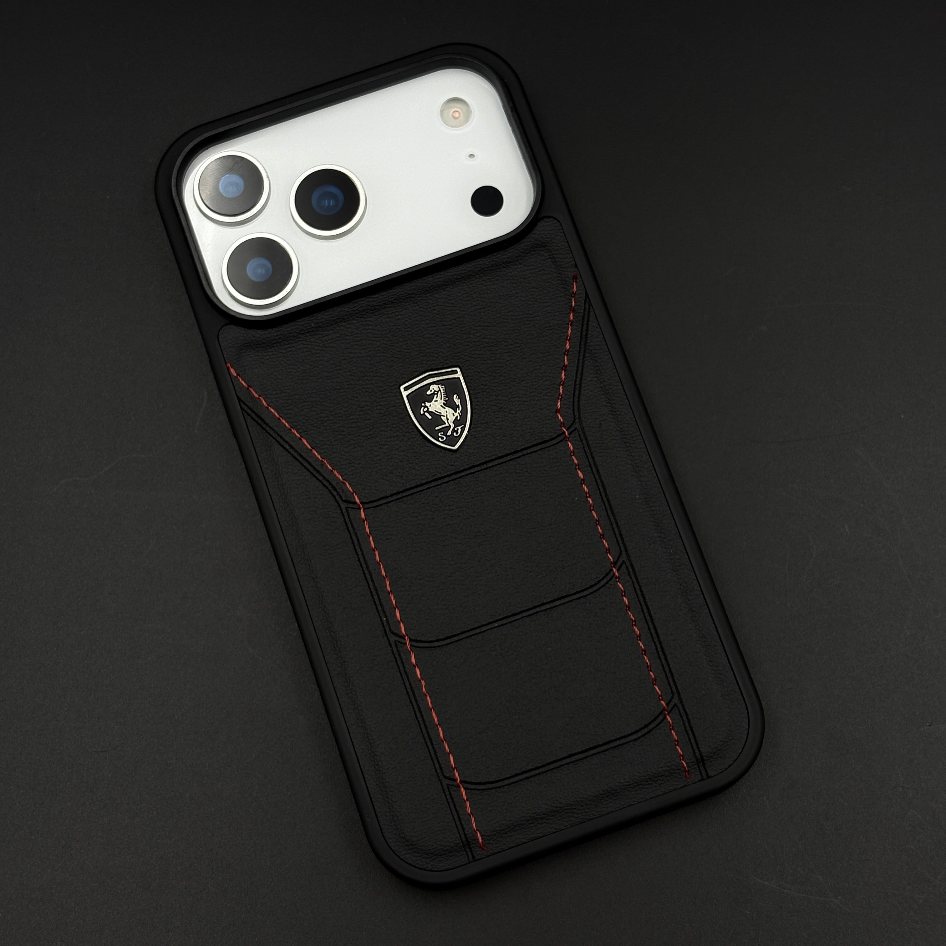 Luxury FR Stitched Leather Phone Case Cover for iPhone 17 Series | Iconic Black Design