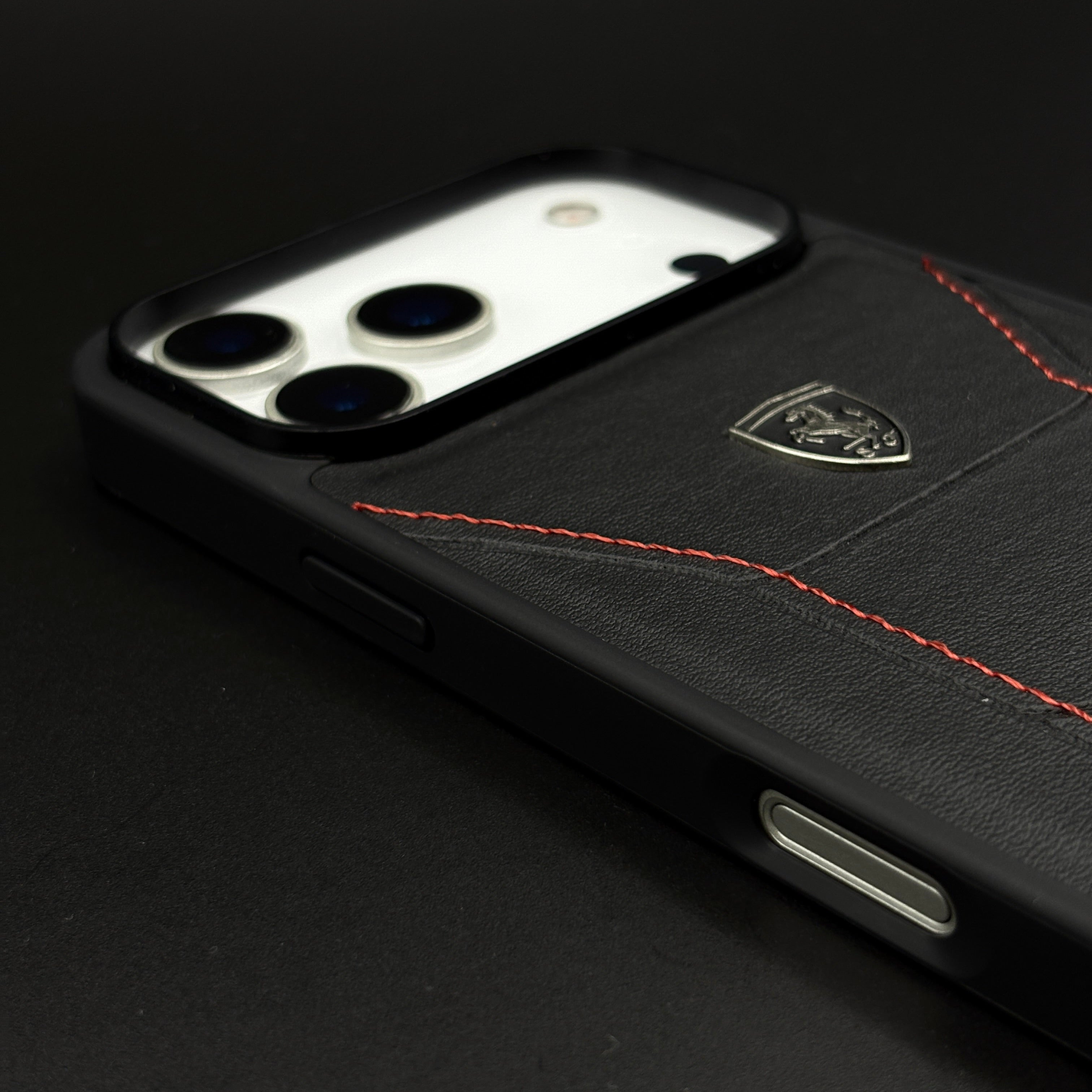 Luxury FR Stitched Leather Phone Case Cover for iPhone 17 Series | Iconic Black Design
