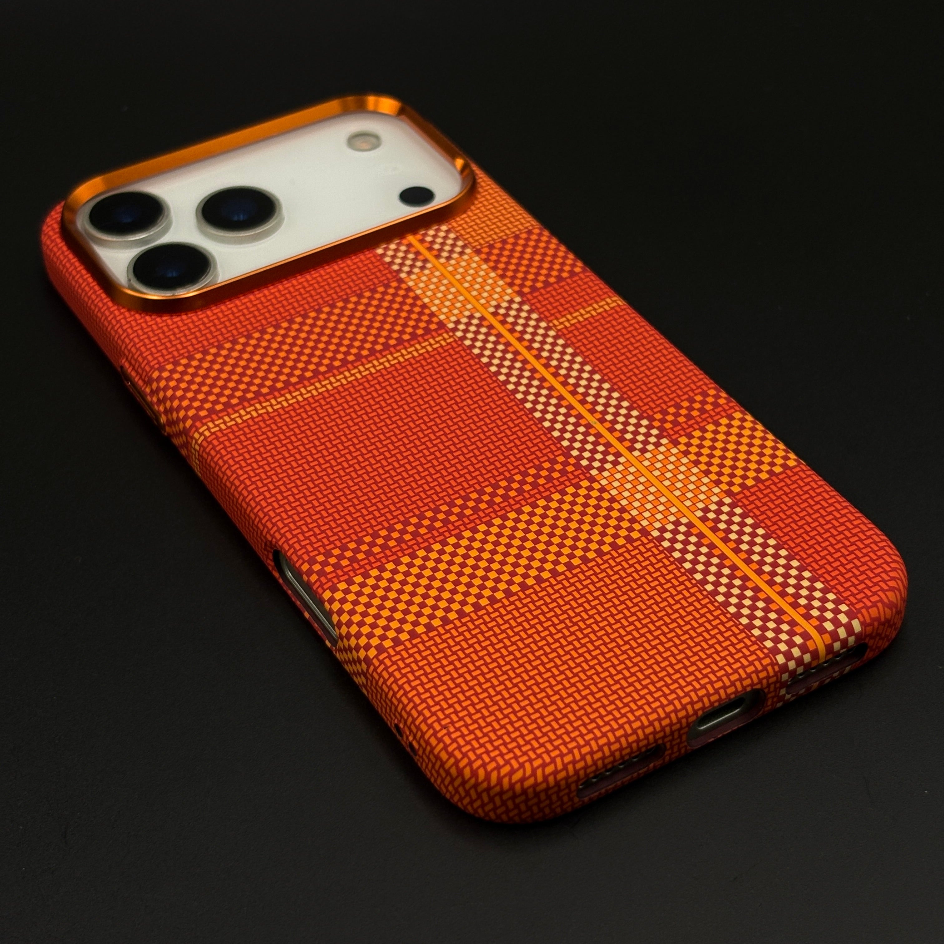 Crimson Tartan Orange Carbon Fibre Hidden MagSafe Mobile Case Cover for iPhone 17 Series