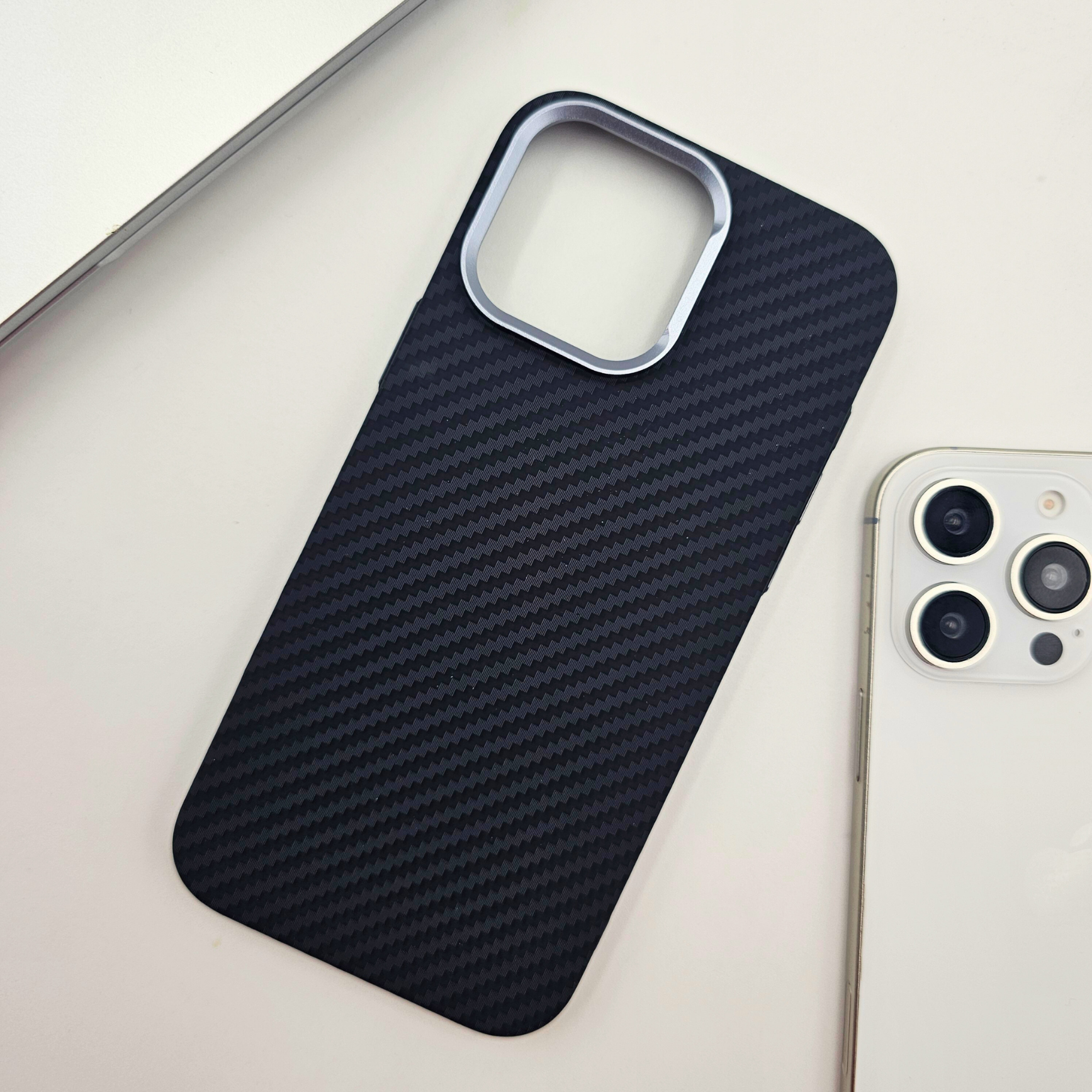 iPhone Series Black Premium Slim Case | Rare Aramid Texture Finish | Real Carbon Fibre Feel | Hidden MagSafe