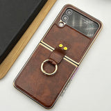 Samsung Galaxy Z Flip 3 Chrome Plated Pu Leather Metal Ring Holder Case Cover