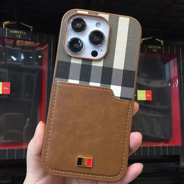 iPhone 15 Series Chequered Leather Cardholder Wallet Case Cover