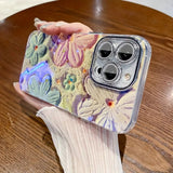 iPhone 15 Series Luxury 3D Oil Painting Floral Design With Glitter Lens Protection Case Cover