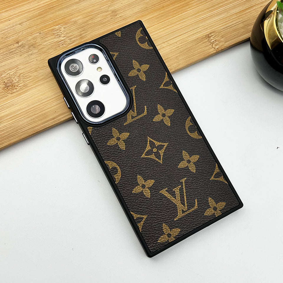 Samsung Galaxy S23 Ultra Luxury Brand Black Border Case Cover Brown