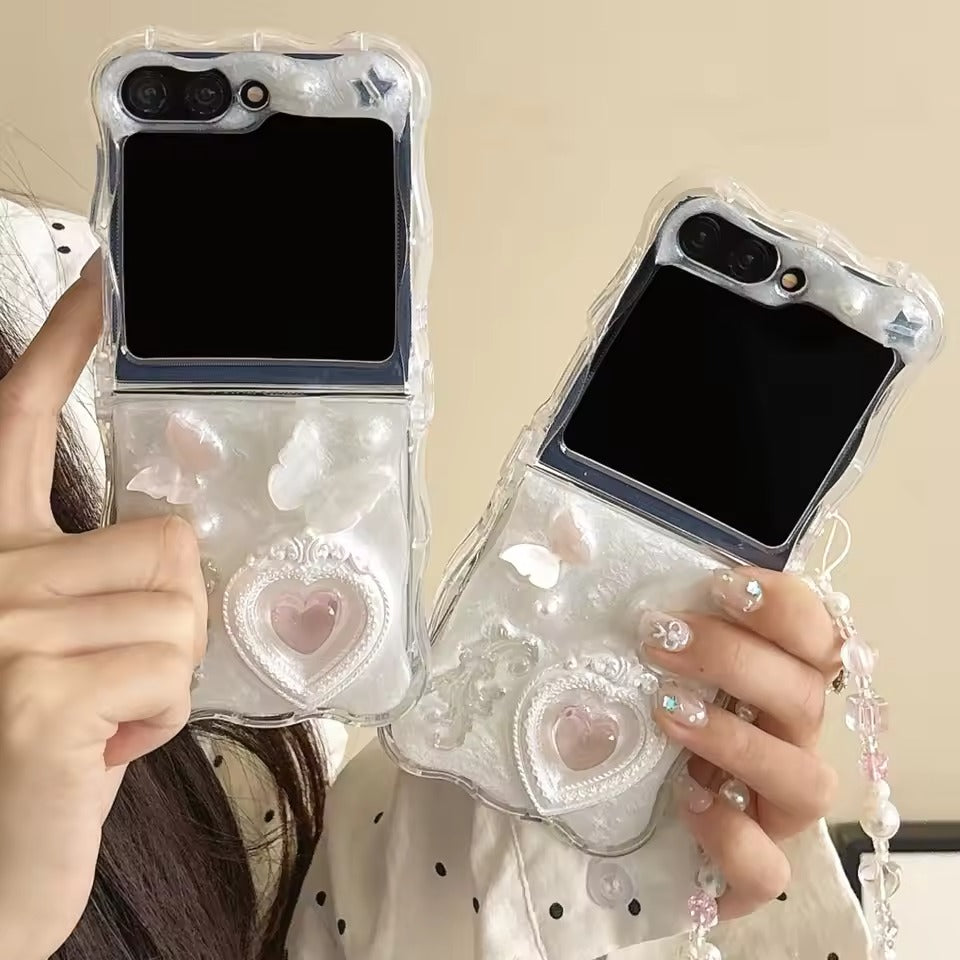 Samsung Galaxy Z Flip 6 Butterfly Heart Case With Pearl Strap