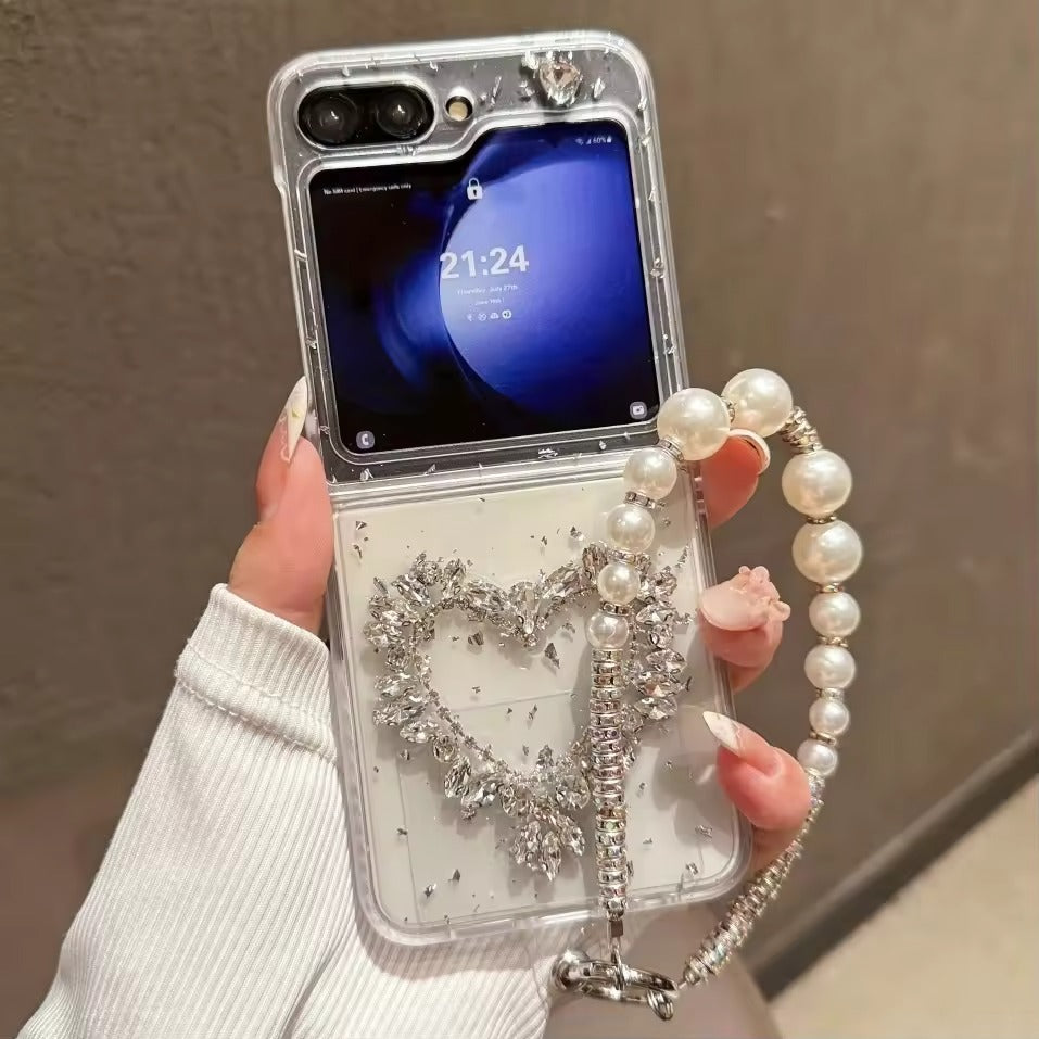 Luxury Crystal Heart Case for Samsung Galaxy Z Flip 7 FE with Pearl Bead Strap – Transparent Bling Cover