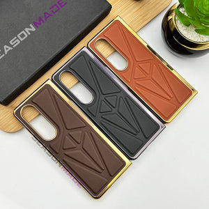 Samsung Z Fold 3 PU Triangular Leather Chrome Plated Front Screen Protector Case Cover Clearance Sale