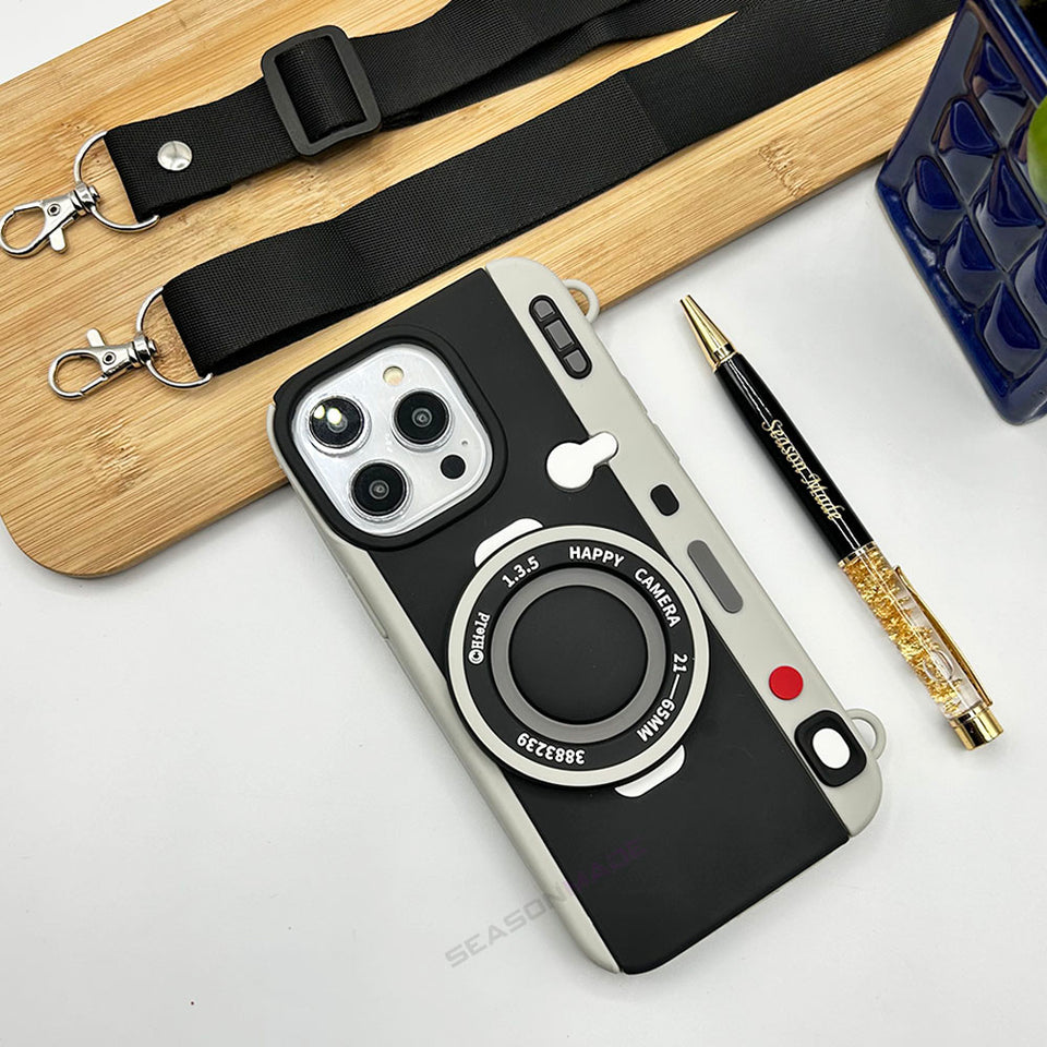 iPhone 3D Cool Retro Camera Design Silicone Case Cover With Strap