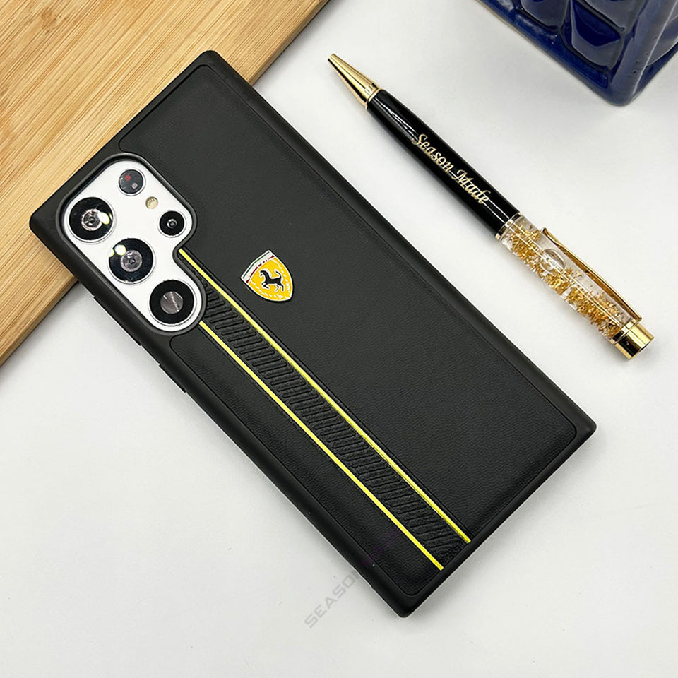 Samsung Galaxy S23 Ultra Ferrari Stripe Yellow Leather Case Cover