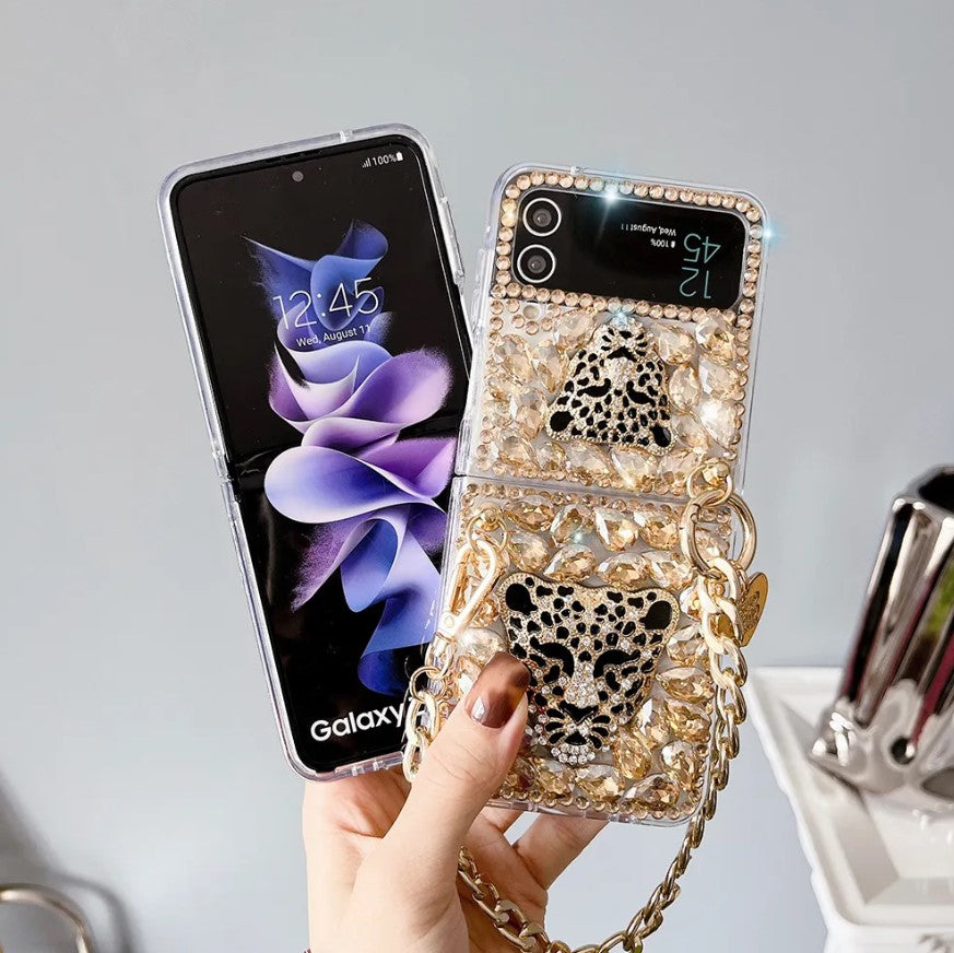 Samsung Galaxy Z Flip 4 Diamond Bling Glitter Leopard Case With Sling