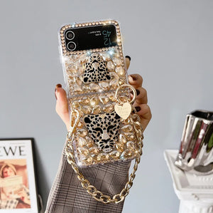Samsung Galaxy Z Flip 4 Diamond Bling Glitter Leopard Case With Sling