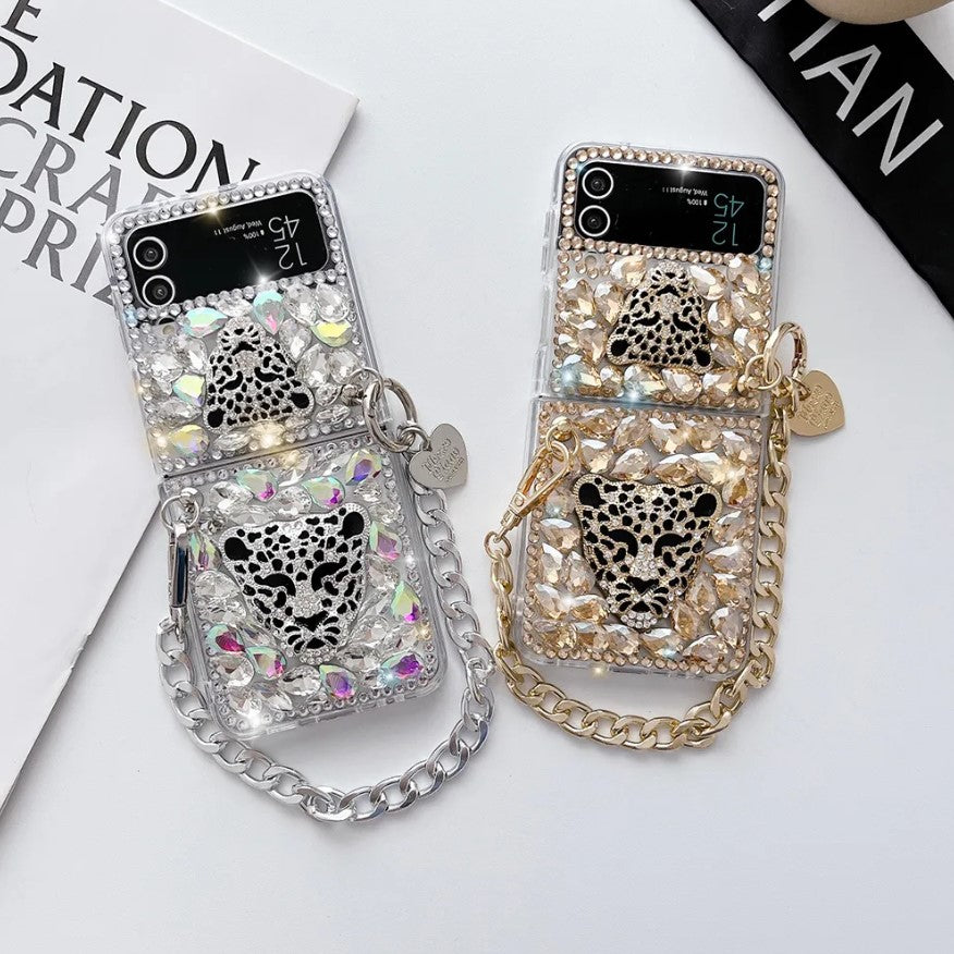Samsung Galaxy Z Flip 4 Diamond Bling Glitter Leopard Case With Sling