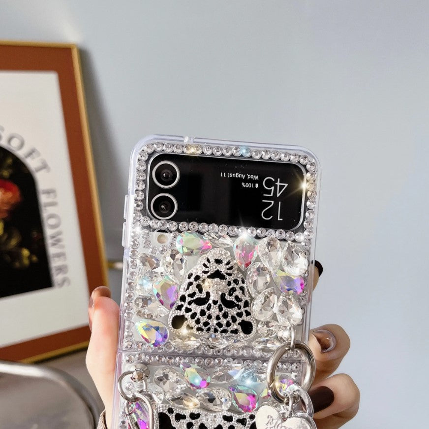 Samsung Galaxy Z Flip 4 Diamond Bling Glitter Leopard Case With Sling