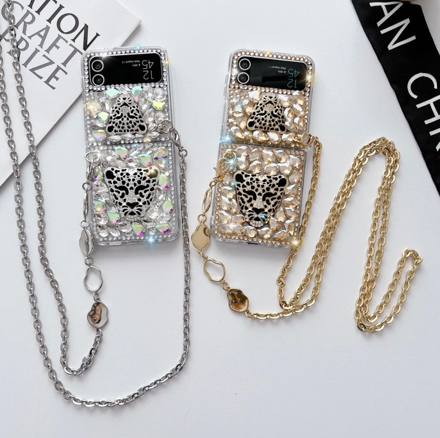 Samsung Galaxy Z Flip 4 Diamond Bling Glitter Leopard Case With Sling