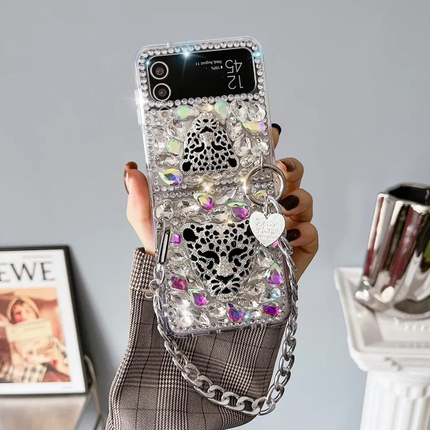 Samsung Galaxy Z Flip 4 Diamond Bling Glitter Leopard Case With Sling