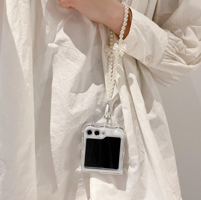 Pearl Bow Case for Samsung Galaxy Z Flip 6 | Soft White Shell | Detachable Pearl Strap