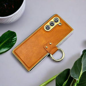 Samsung Galaxy Z Fold 5 PU Leather Chromeplated Ring Case Screen Protector Cover