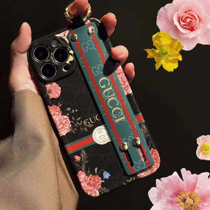 iPhone Luxury Brand GG Floral Black White Belt Strap Holder Case Cover