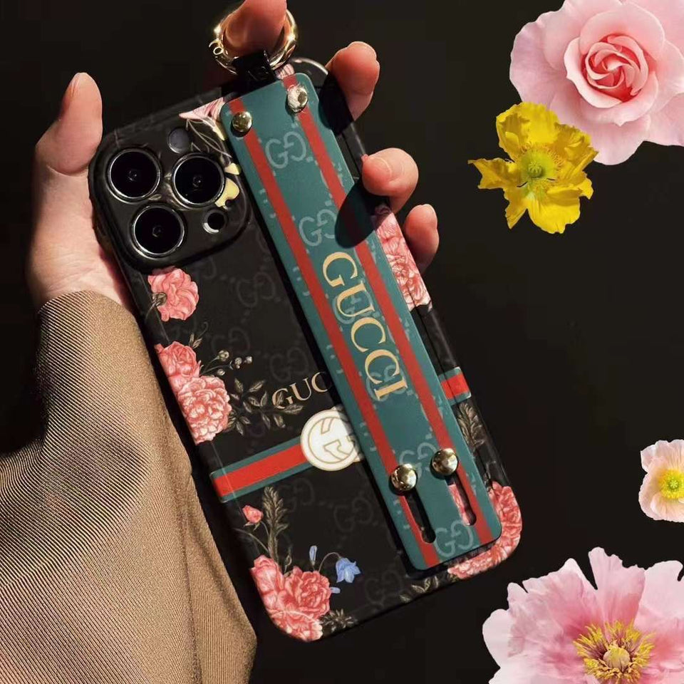 iPhone Luxury Brand GG Floral Black White Belt Strap Holder Case Cover