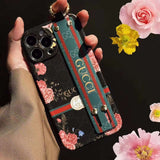 iPhone Luxury Brand GG Floral Black White Belt Strap Holder Case Cover