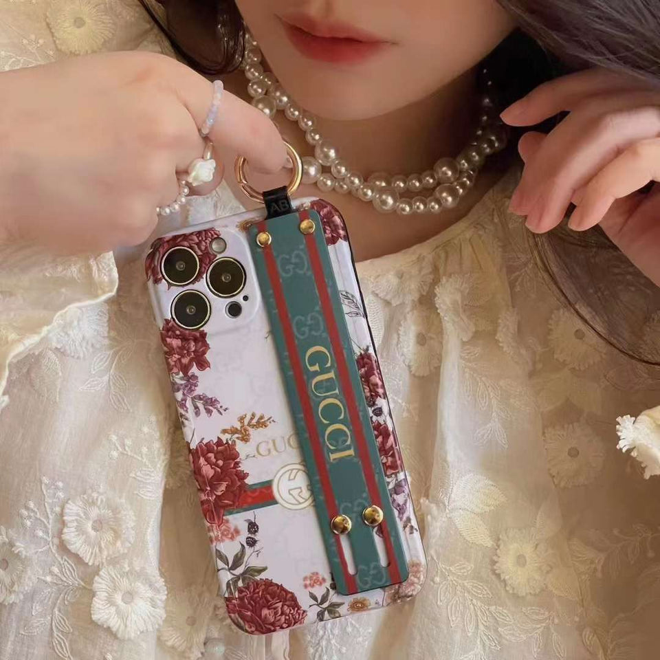 iPhone Luxury Brand GG Floral Black White Belt Strap Holder Case Cover