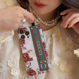 iPhone Luxury Brand GG Floral Black White Belt Strap Holder Case Cover