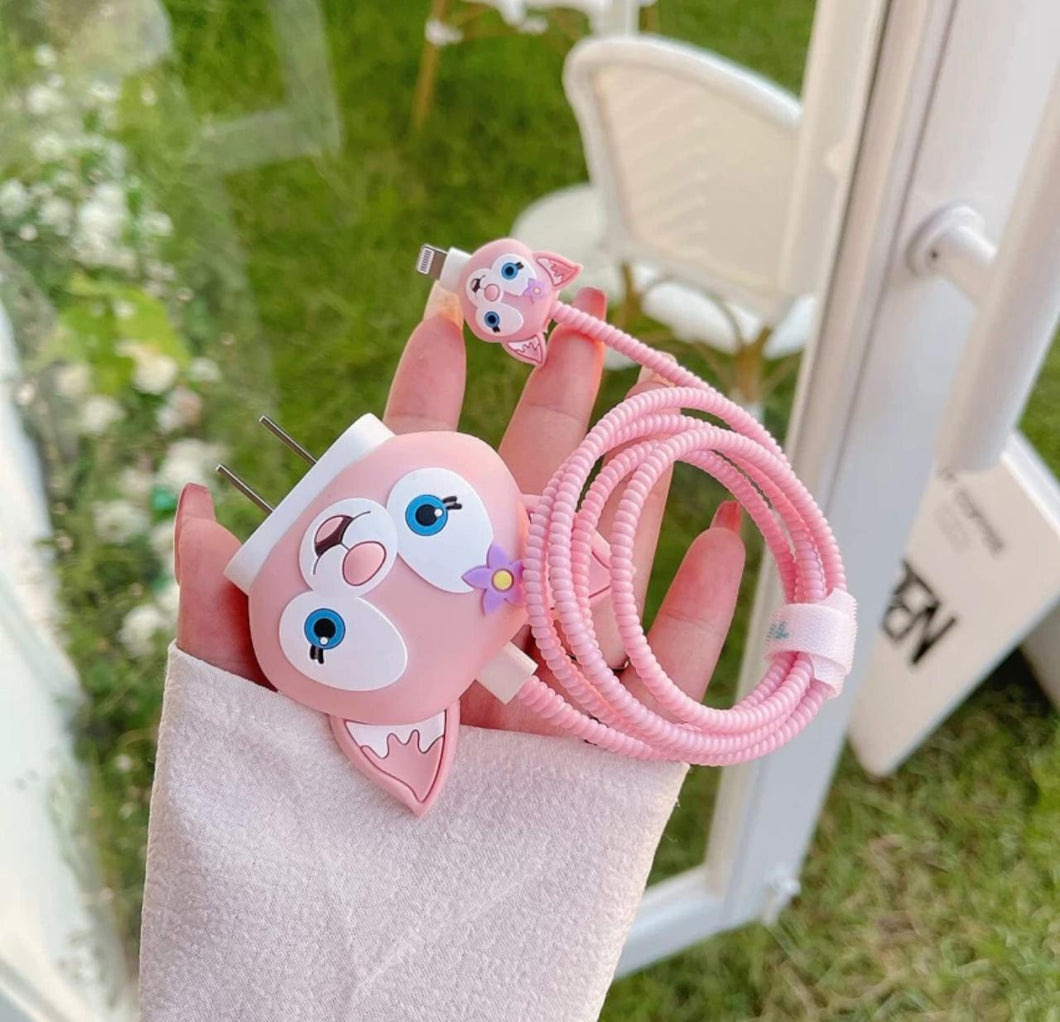 Cute Pink Cat Theme Silicone Cable Protector and Adapter Case For iPhone Charger