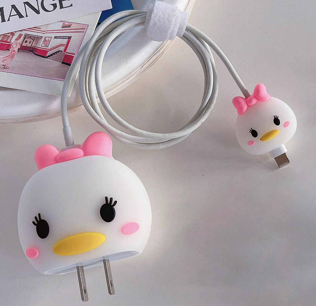 Cute Girly Duck Theme Silicone Cable Protector and Adapter Case For iPhone Charger