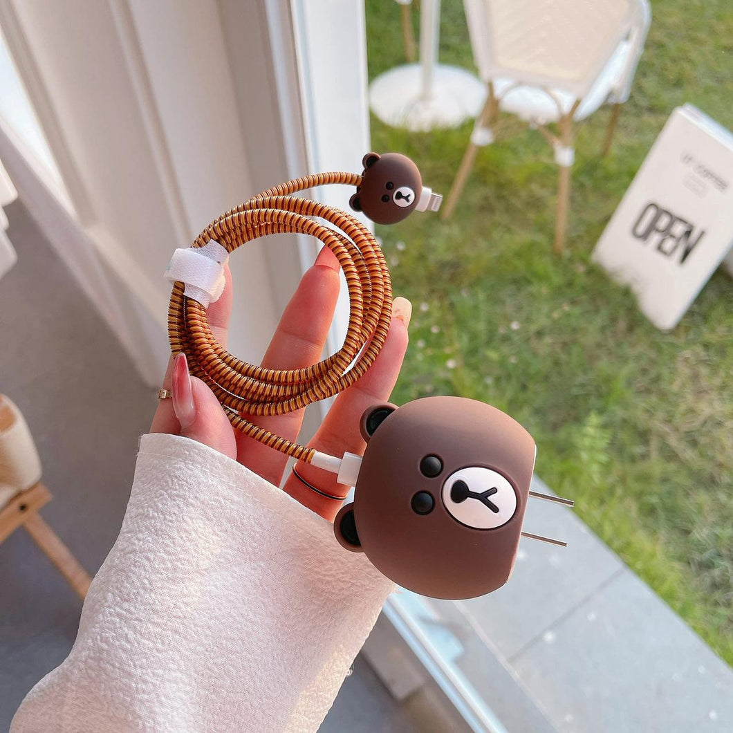 Cute Brown Panda Theme Silicone Cable Protector and Adapter Case For iPhone Charger