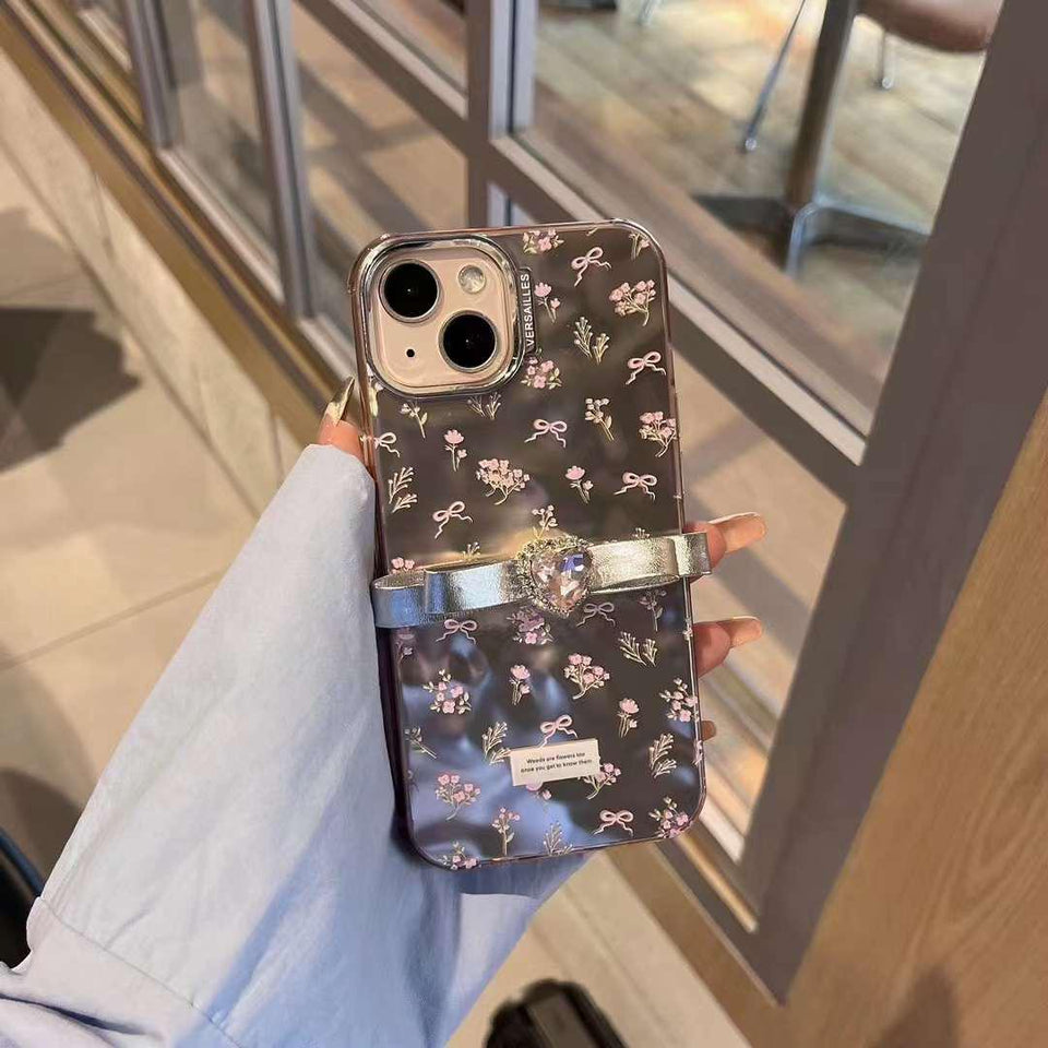 iPhone Floral Design Ribbon Heart Stone Case Cover