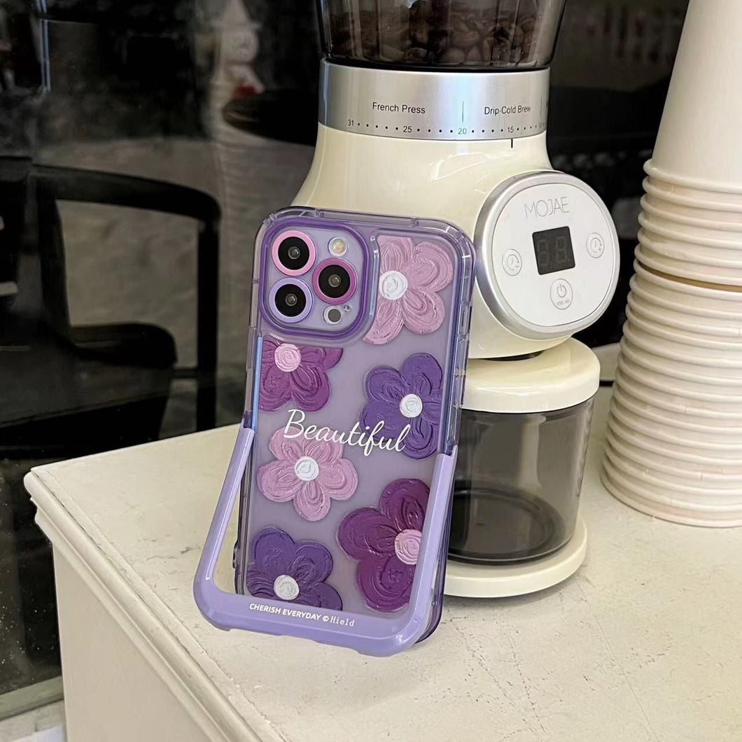 iPhone Beautiful Purple Glossy Floral With Kickstand Case Cover