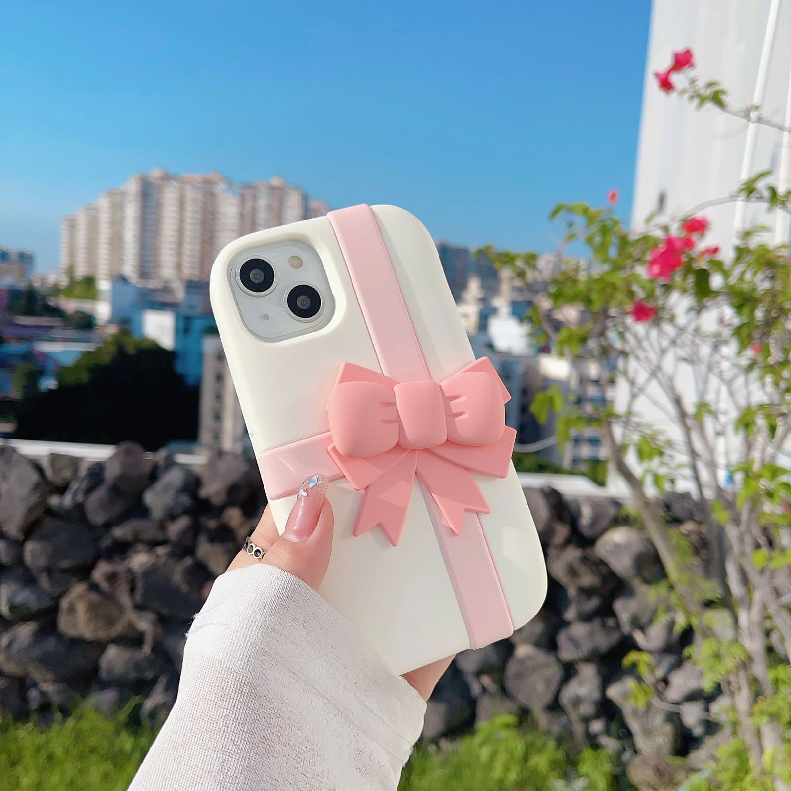 iPhone 15 Pro Pink Bow Silicone Case Cover Beige Clearance Sale
